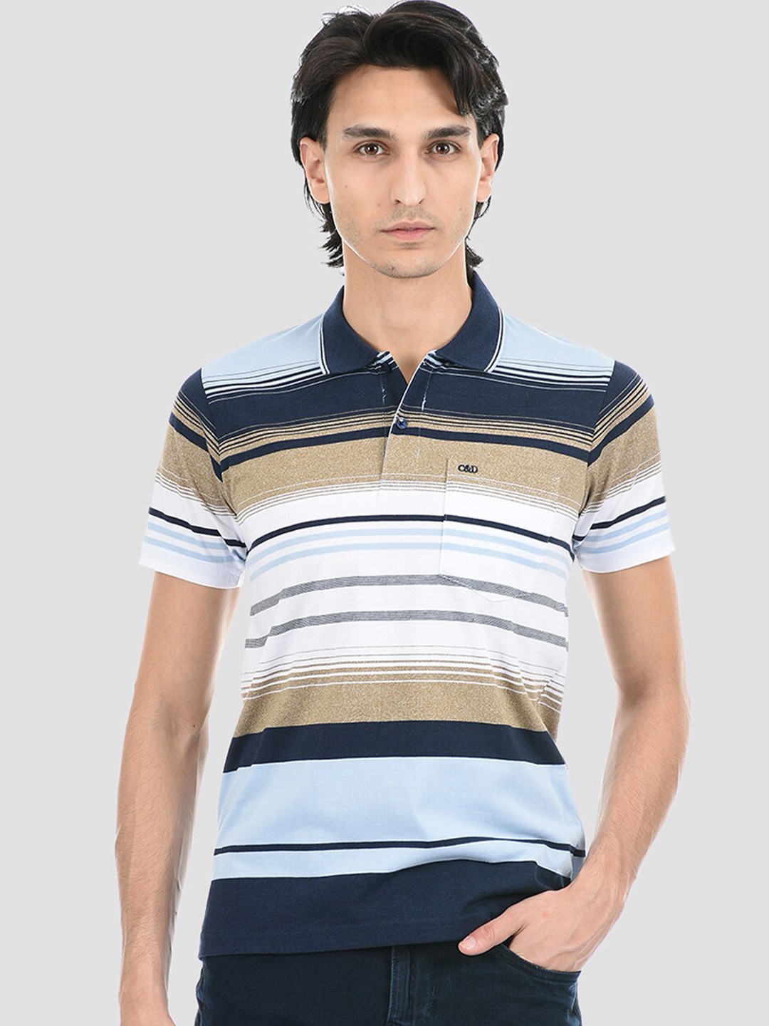 

Cloak & Decker by Monte Carlo Men Multicoloured Striped Polo Collar Raw Edge T-shirt, Multi