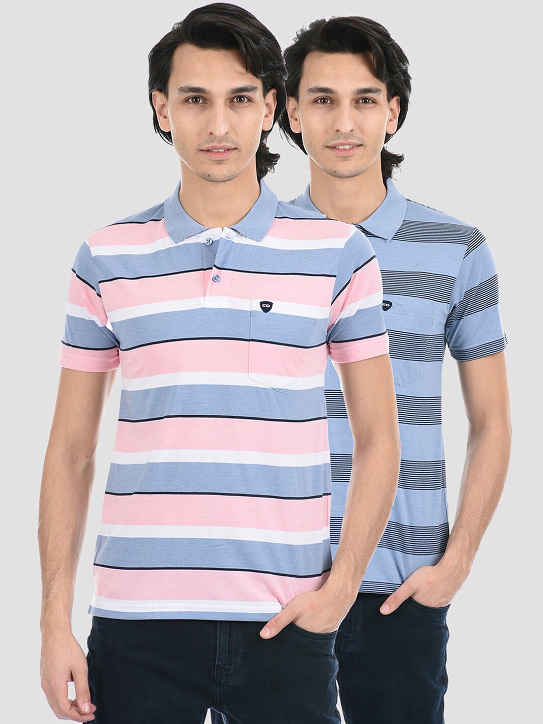 

Cloak & Decker by Monte Carlo Men Peach-Coloured & Blue Striped Polo Collar T-shirt