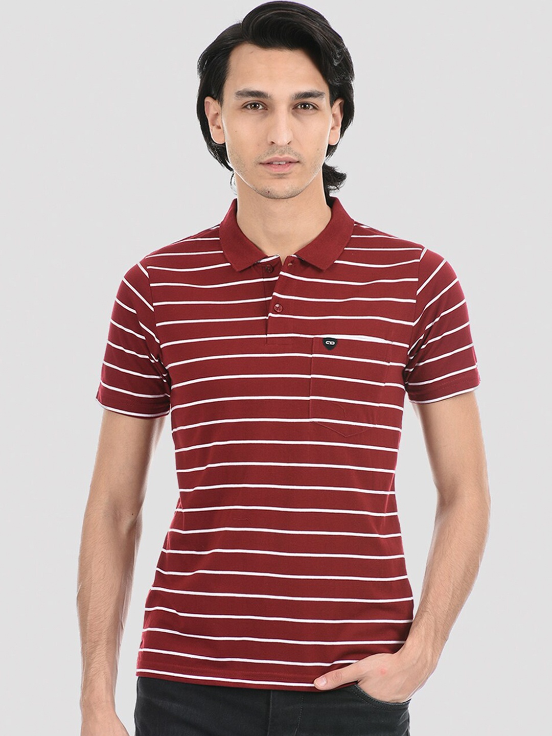 

Cloak & Decker by Monte Carlo Men Maroon Striped Polo Collar T-shirt