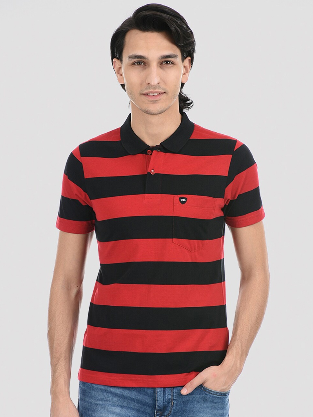 

Cloak & Decker by Monte Carlo Men Red & Black Striped Polo Collar T-shirt