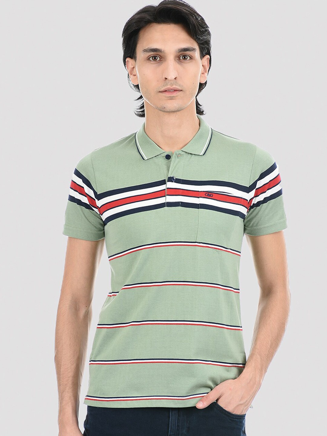 

Cloak & Decker by Monte Carlo Men Green Striped Polo Collar Applique T-shirt