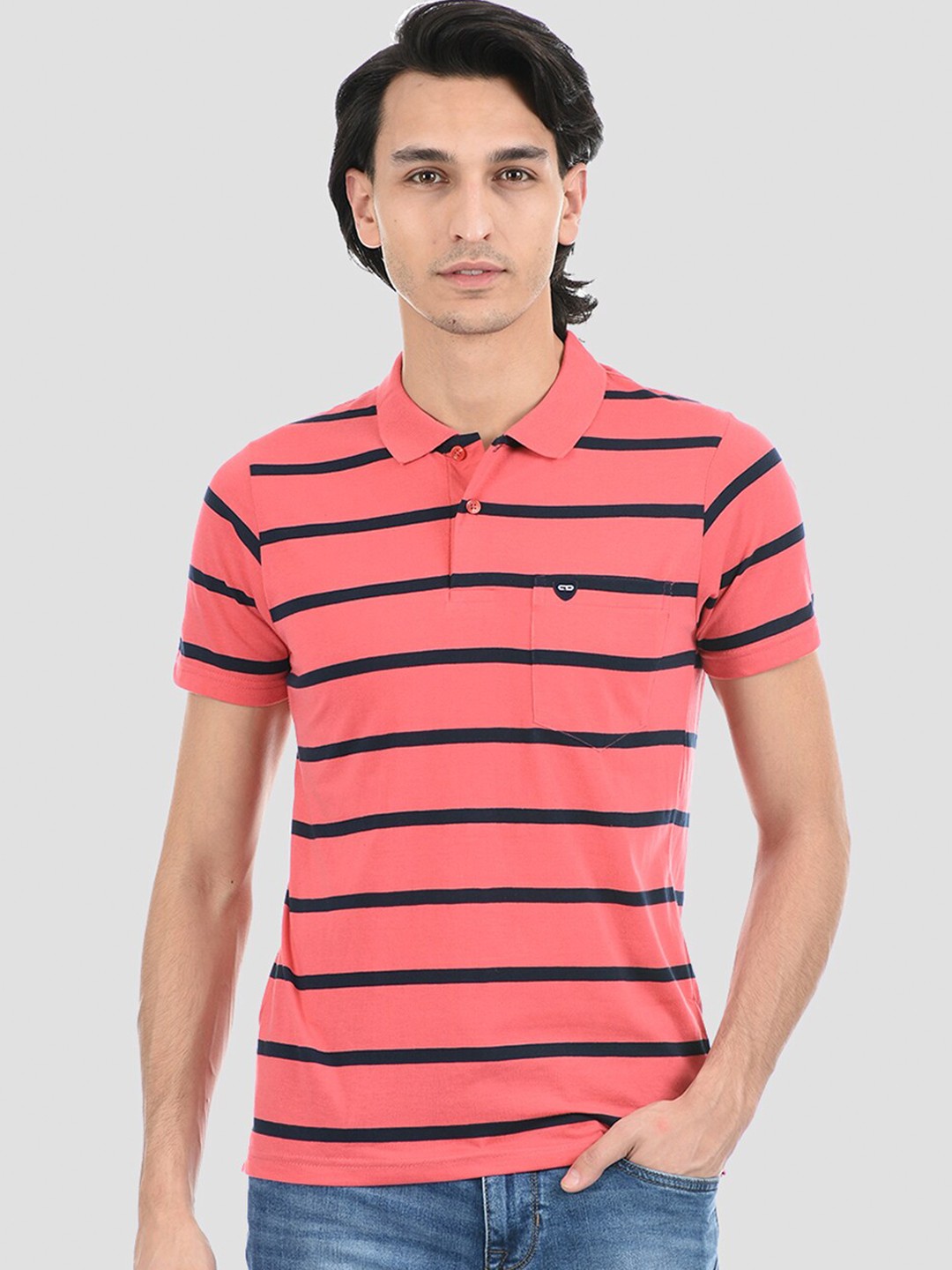 

Cloak & Decker by Monte Carlo Men Peach-Coloured Striped Polo Collar T-shirt