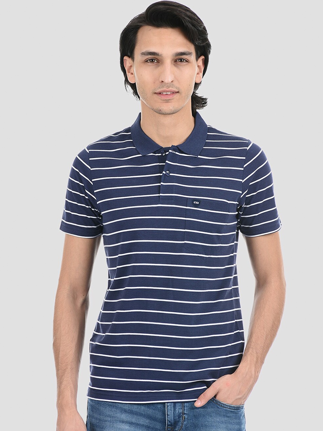 

Cloak & Decker by Monte Carlo Men Blue & White Striped Polo Collar T-shirt