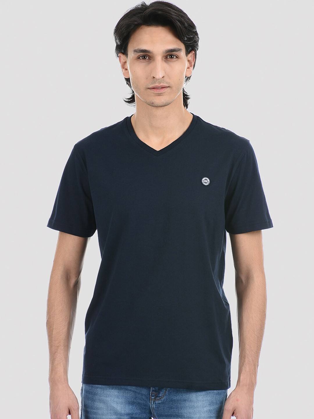 

Cloak & Decker by Monte Carlo Men Navy Blue V-Neck Monochrome T-shirt
