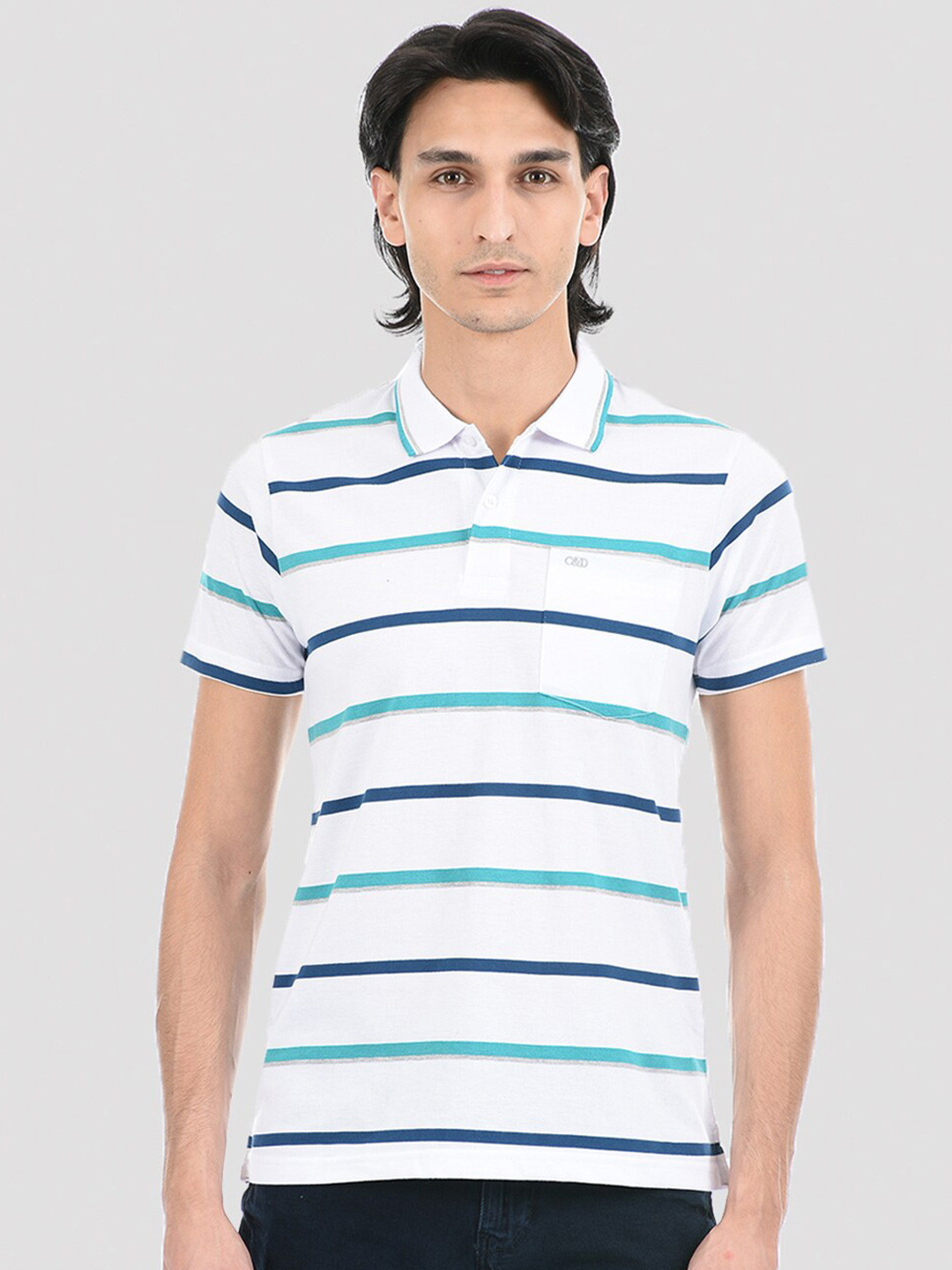 

Cloak & Decker by Monte Carlo Men White Striped Polo Collar T-shirt