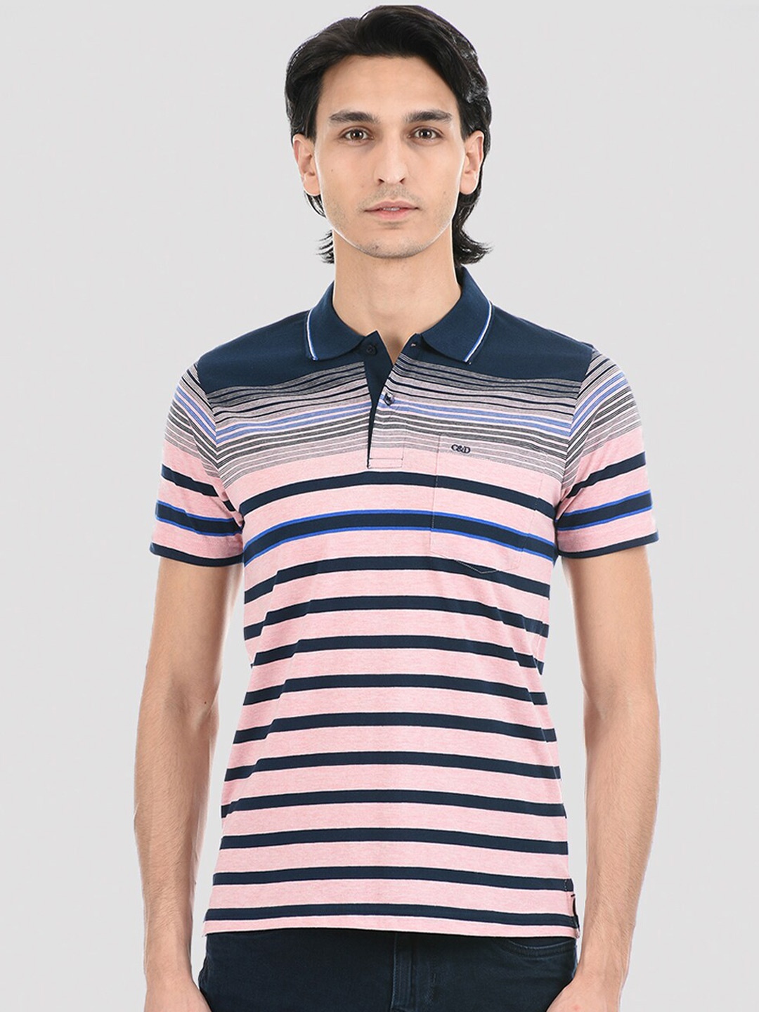 

Cloak & Decker by Monte Carlo Men Pink & Navy Blue Striped Polo Collar T-shirt