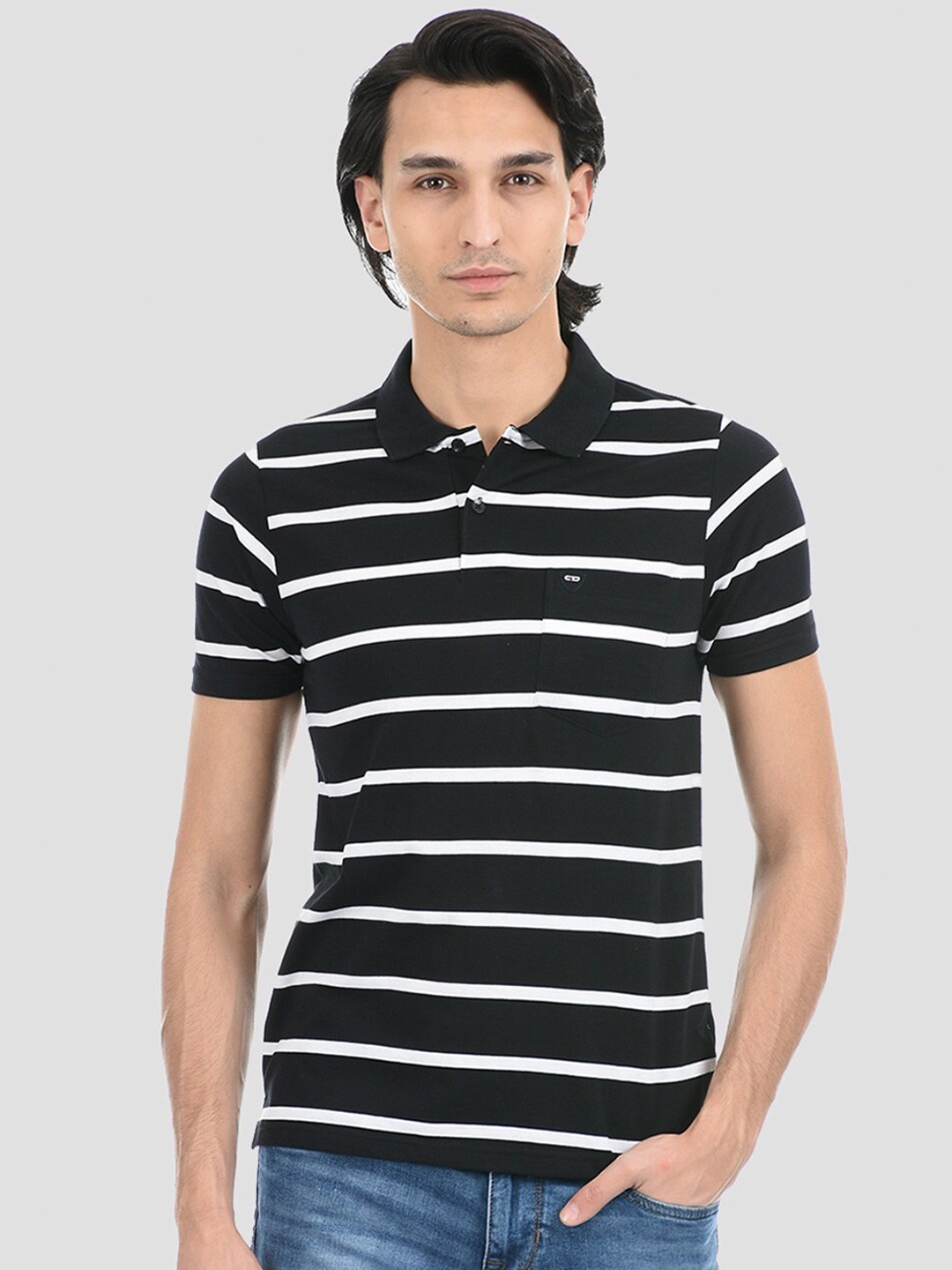 

Cloak & Decker by Monte Carlo Men Black & White Striped Polo Collar Cotton T-shirt