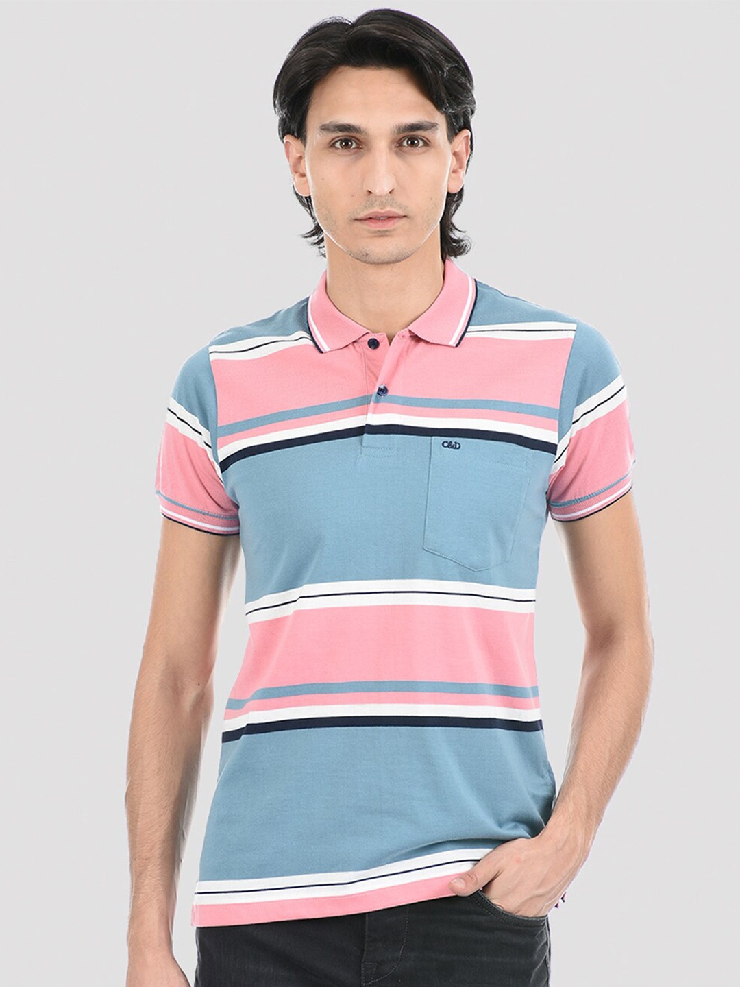 

Cloak & Decker by Monte Carlo Men Blue Striped Polo Collar T-shirt