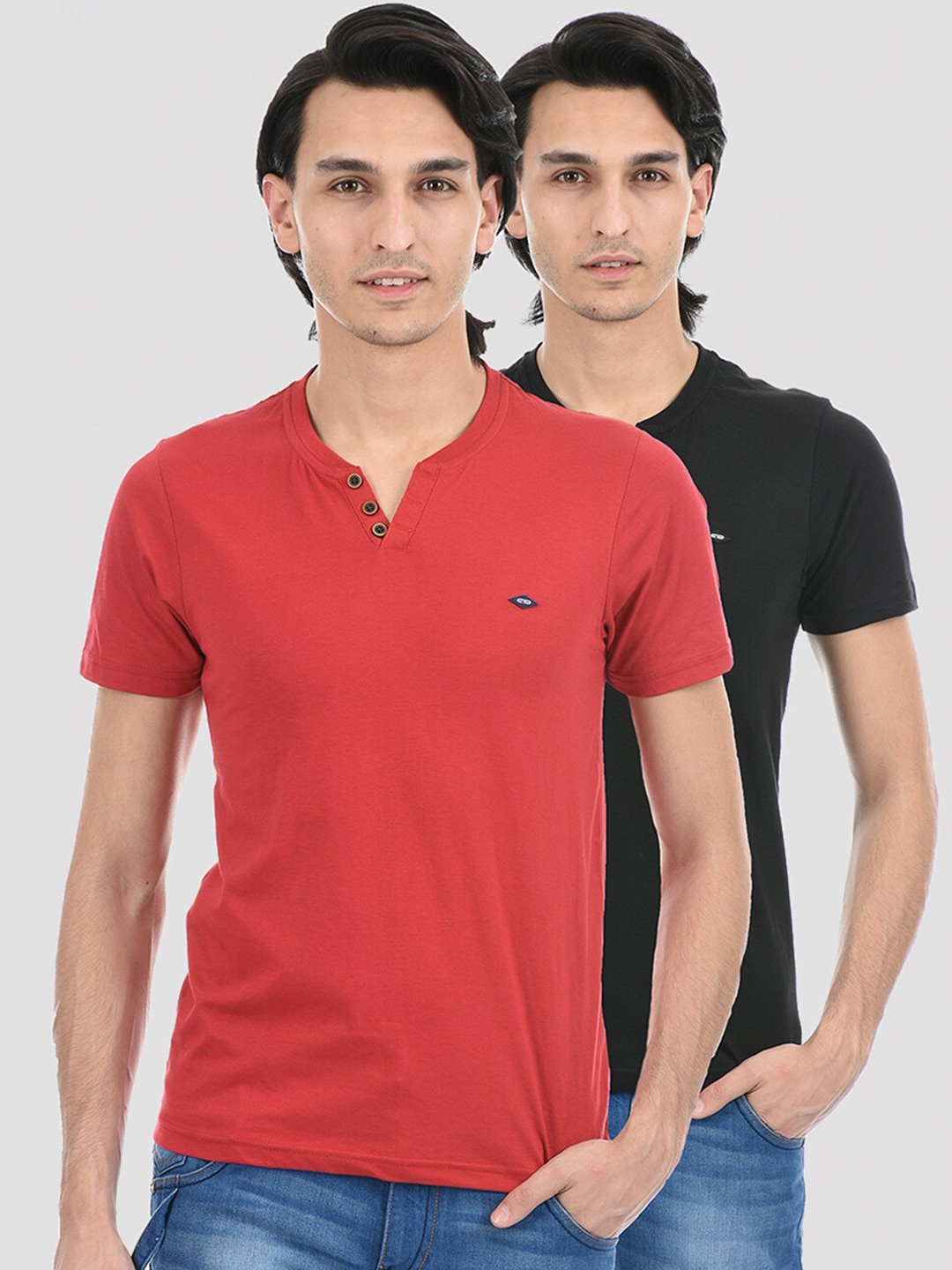 

Cloak & Decker by Monte Carlo Men Pack of 2 Red & Black Henley Neck T-shirt