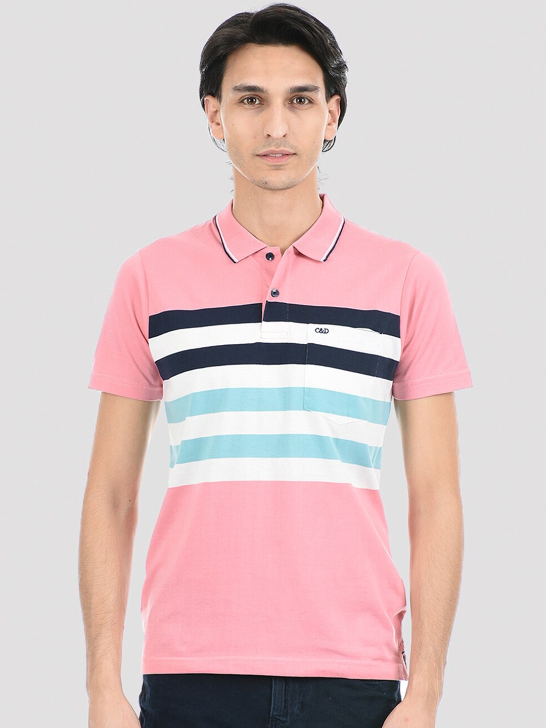 

Cloak & Decker by Monte Carlo Men Pink Striped Polo Collar T-shirt