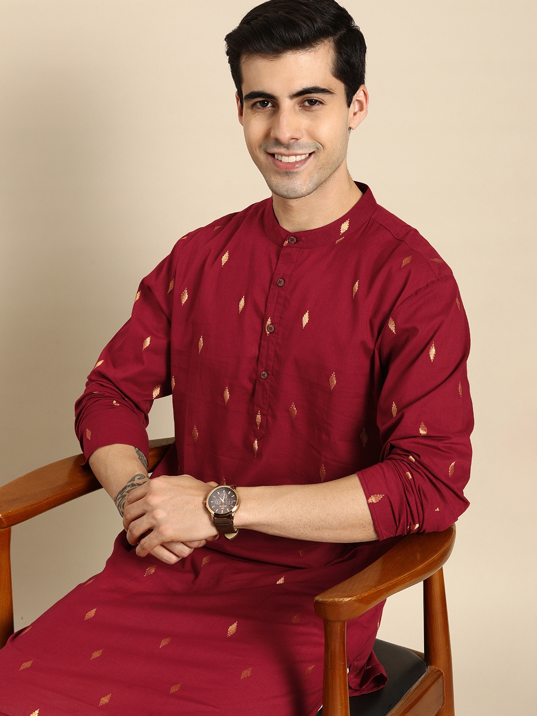 

Anouk Men Maroon Ethnic Motifs Woven Design Pure Cotton A-Line Kurta