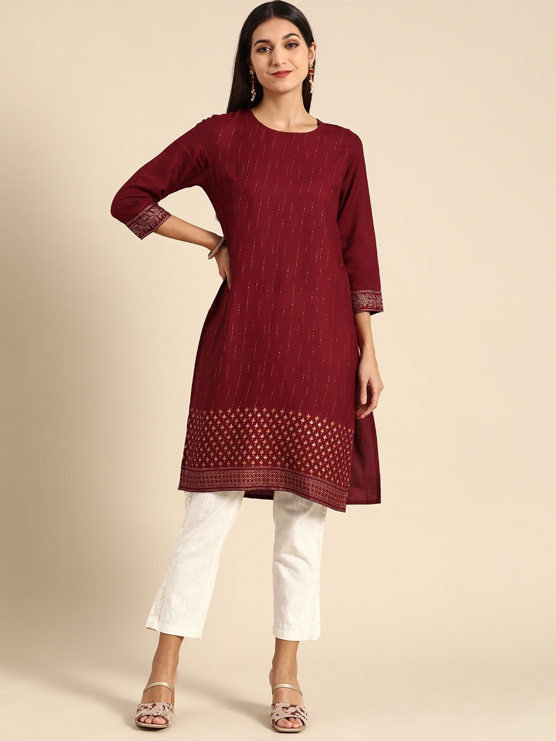 

Anouk Women Maroon & Cream-Coloured Floral Printed Kurta