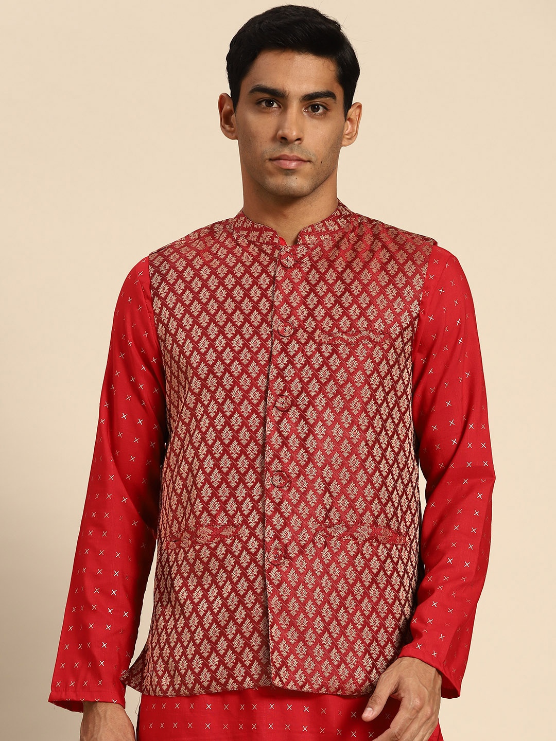 

Anouk Men Maroon & Gold-Toned Floral Woven Design Nehru Jacket