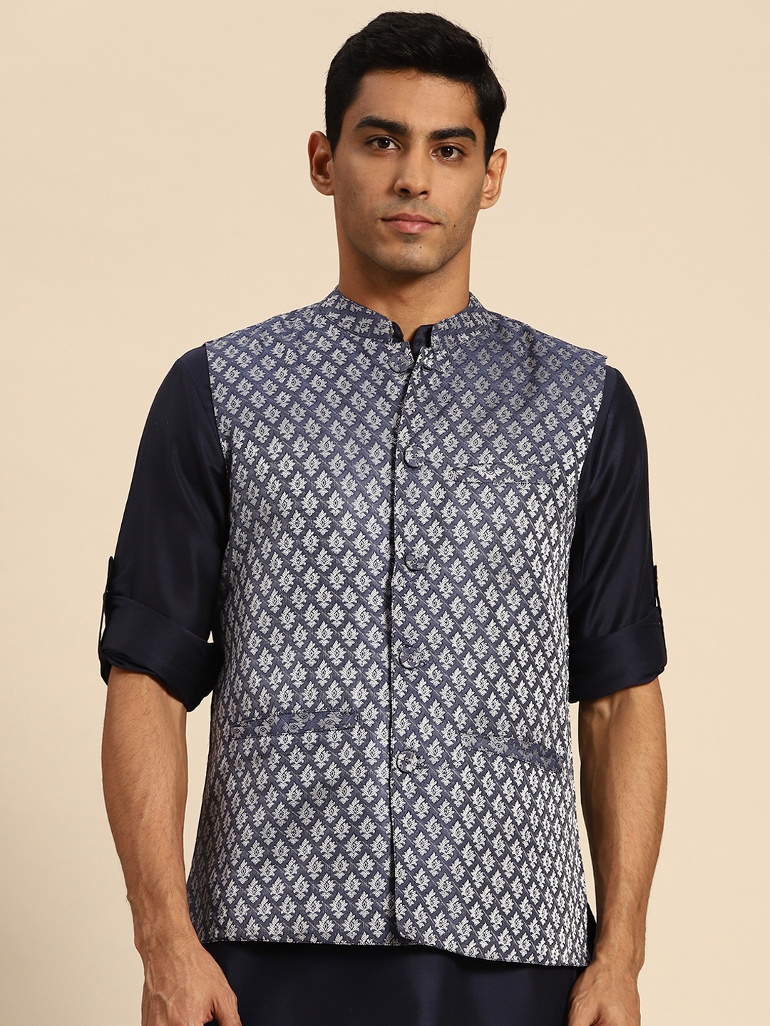 

Anouk Men Navy Blue & Silver Toned Floral Woven Design Nehru Jacket