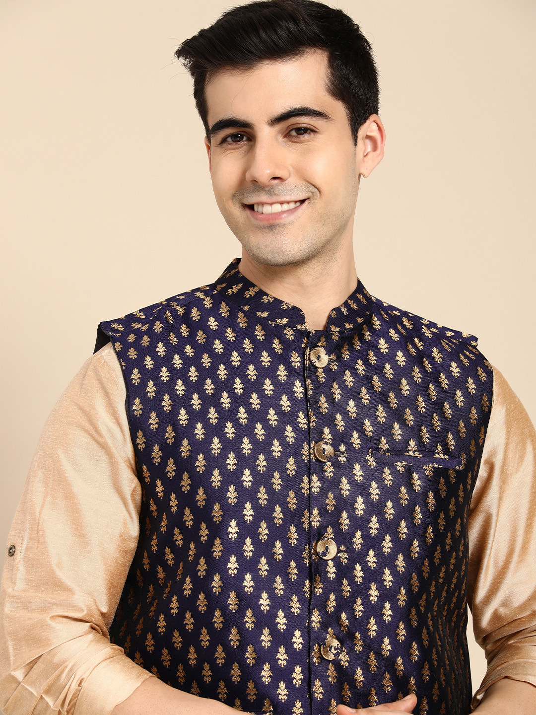

Anouk Men Blue & Gold-Toned Woven Design Nehru Jacket