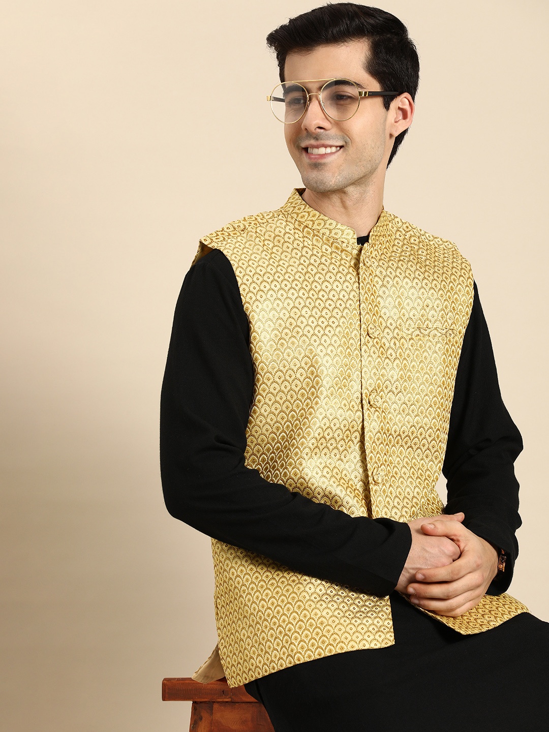 

Anouk Men Cream-Coloured & Golden Woven Design Nehru Jacket