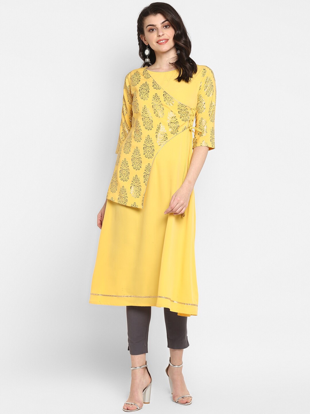 

Janasya Women Yellow Ethnic Motifs Printed Thread Work Crepe Kurta