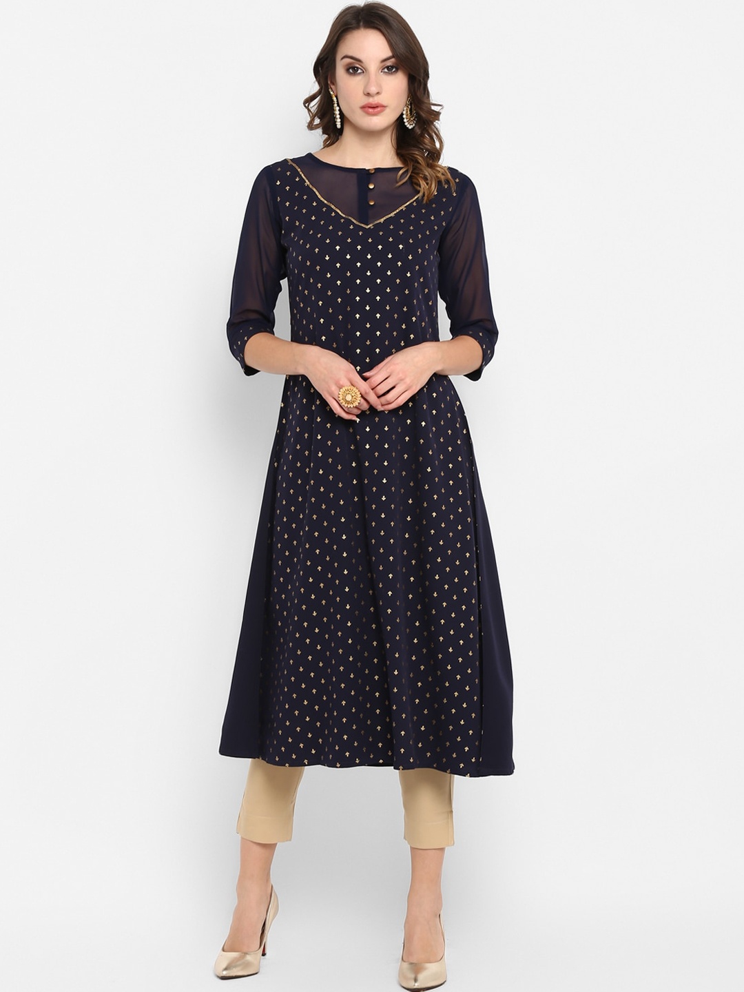 

Janasya Women Navy Blue Ethnic Motifs Printed Crepe Kurta