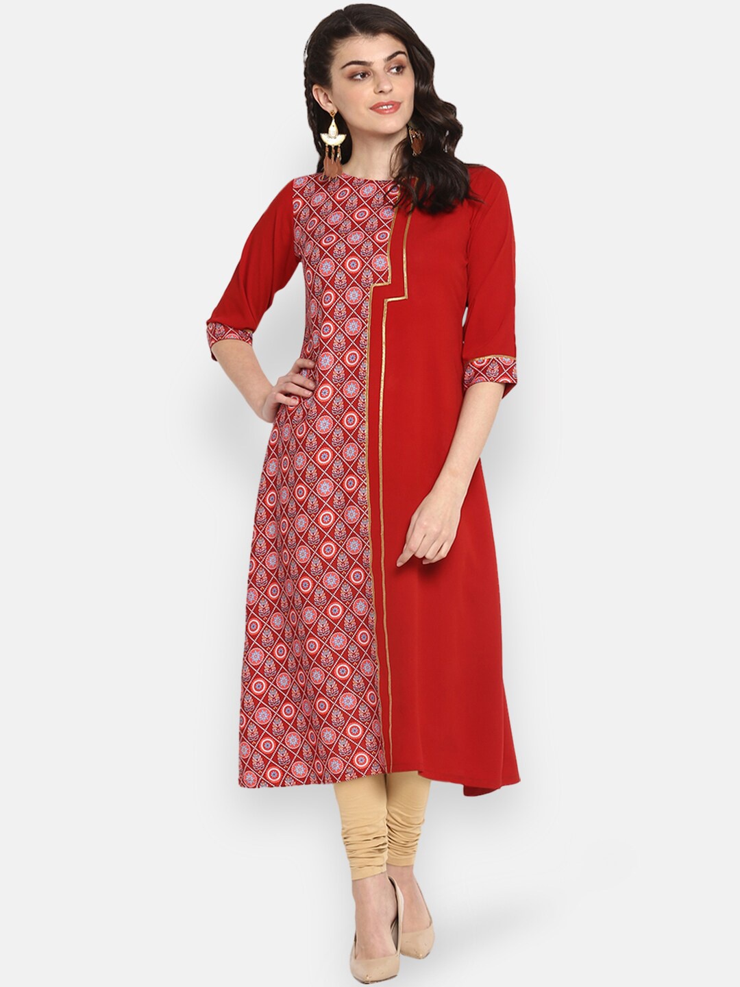 

Janasya Women Maroon Geometric Colourblocked Crepe Kurta