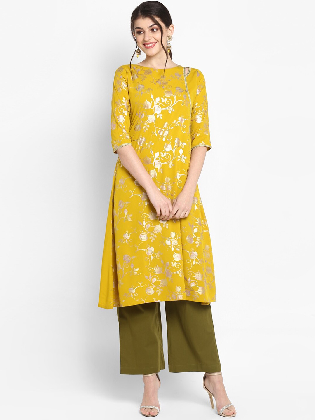 

Janasya Women Mustard Poly Crepe Hand & Foil Print A-line Kurta