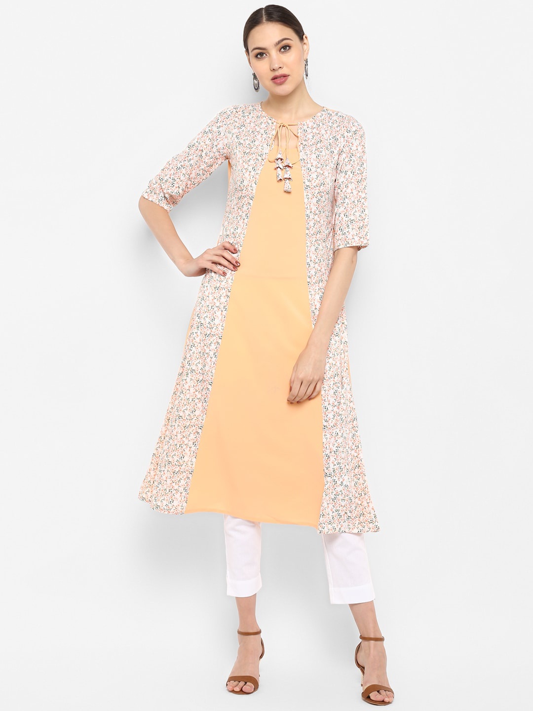 

Janasya Women Peach-Coloured & Cream-Coloured Floral Printed Crepe Kurta