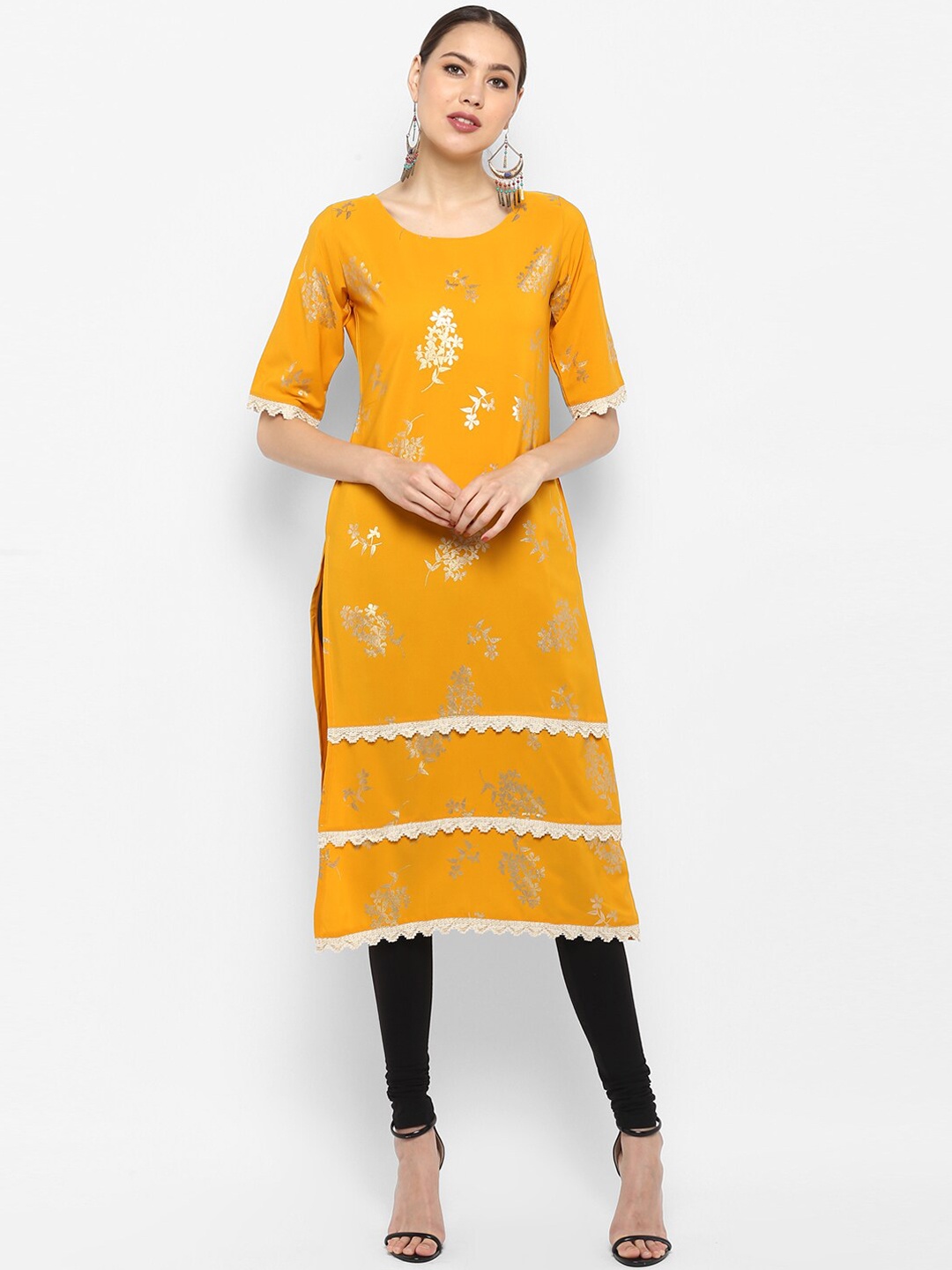 

Janasya Women Mustard Yellow Ethnic Motifs Embellished Thread Work Crepe Kurta