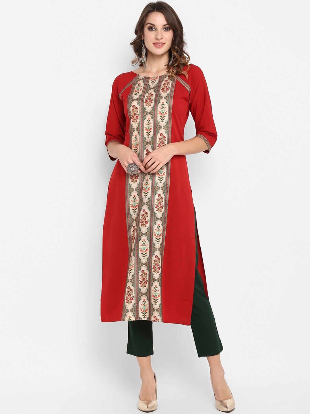 

Janasya Women Red Poly Crepe Printed Straight Kurta