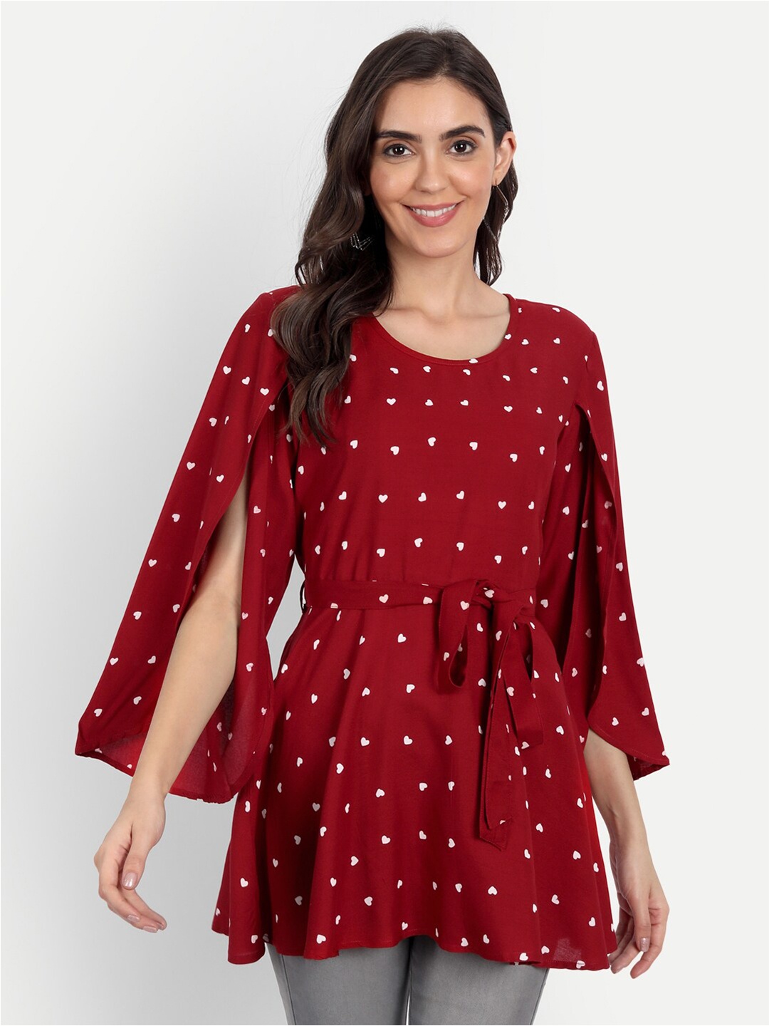 

Fab Star Maroon & White Print Cinched Waist Longline Top