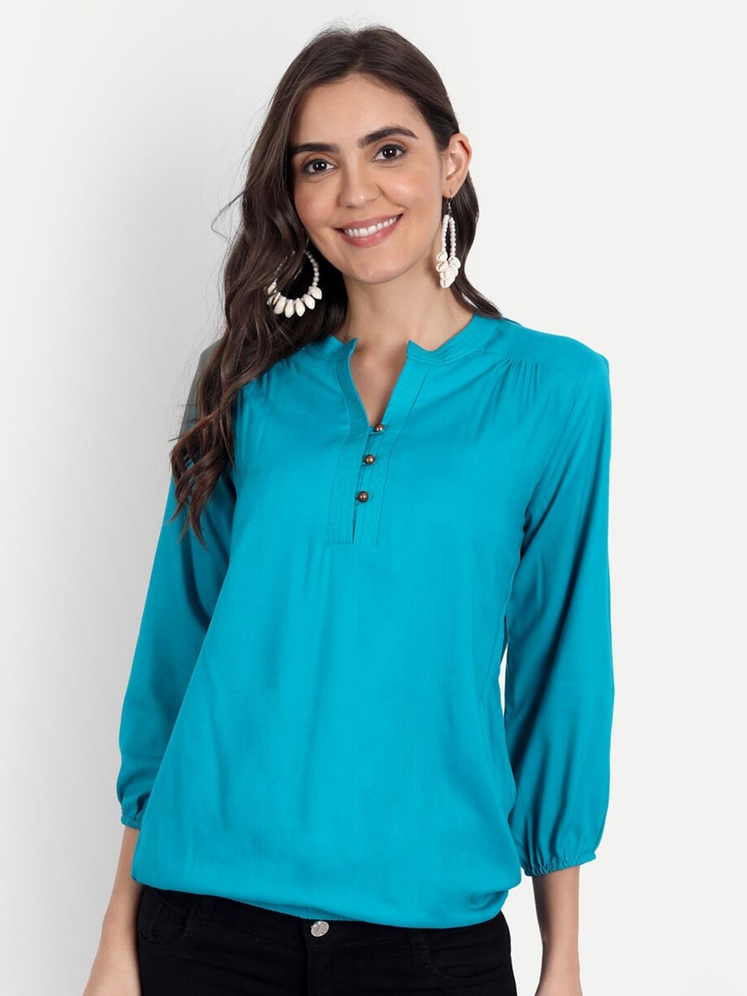 

Fab Star Women Blue Mandarin Collar Cotton Blend Top