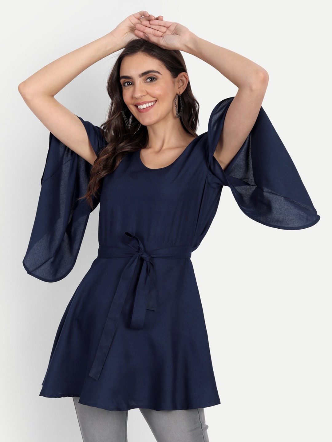 

Fab Star Women Navy Blue Cinched Waist Longline Top