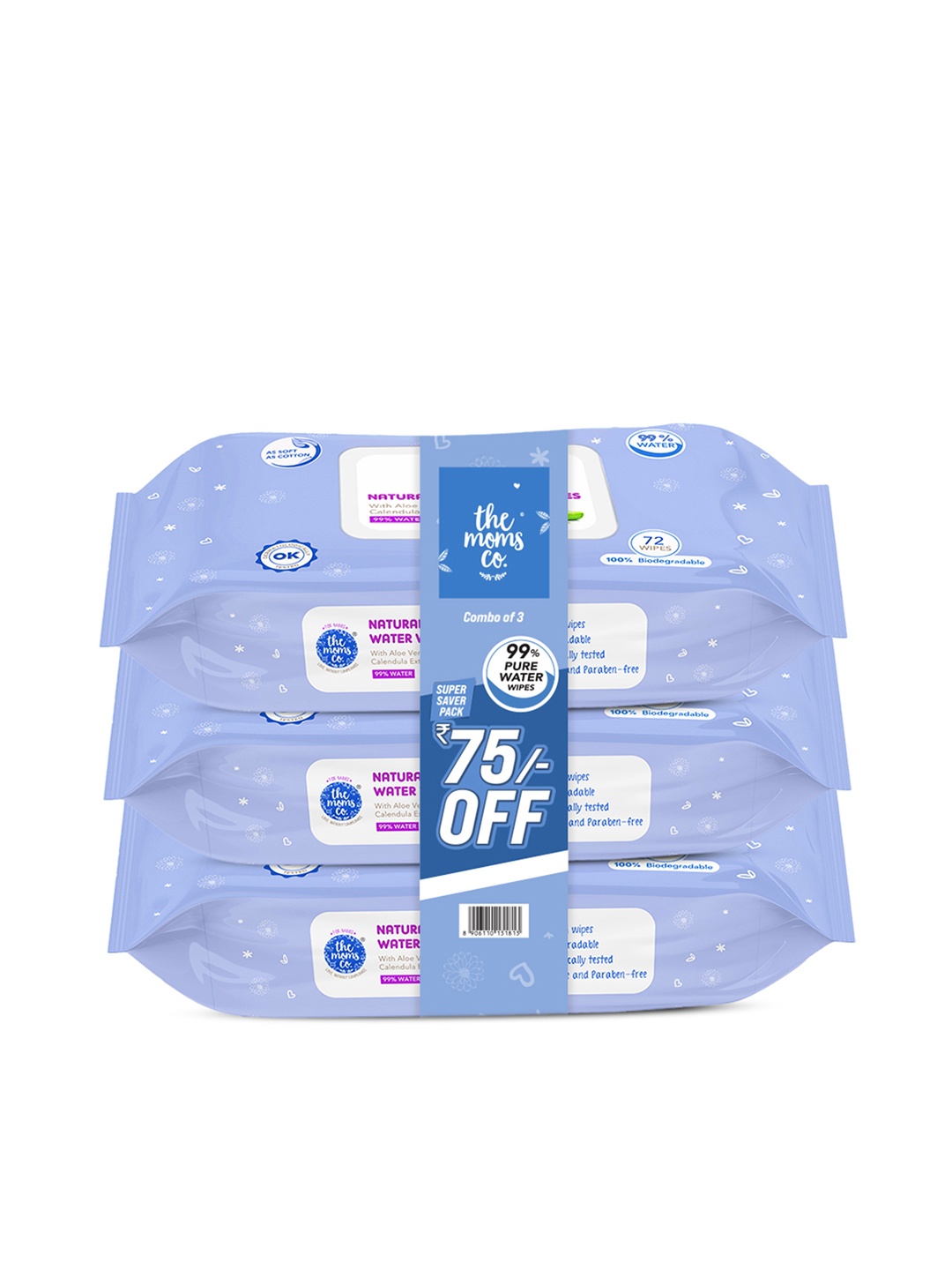 

The Moms Co. Kids Set of 3 Natural Baby Water Wipes - 72 Wipes each, White