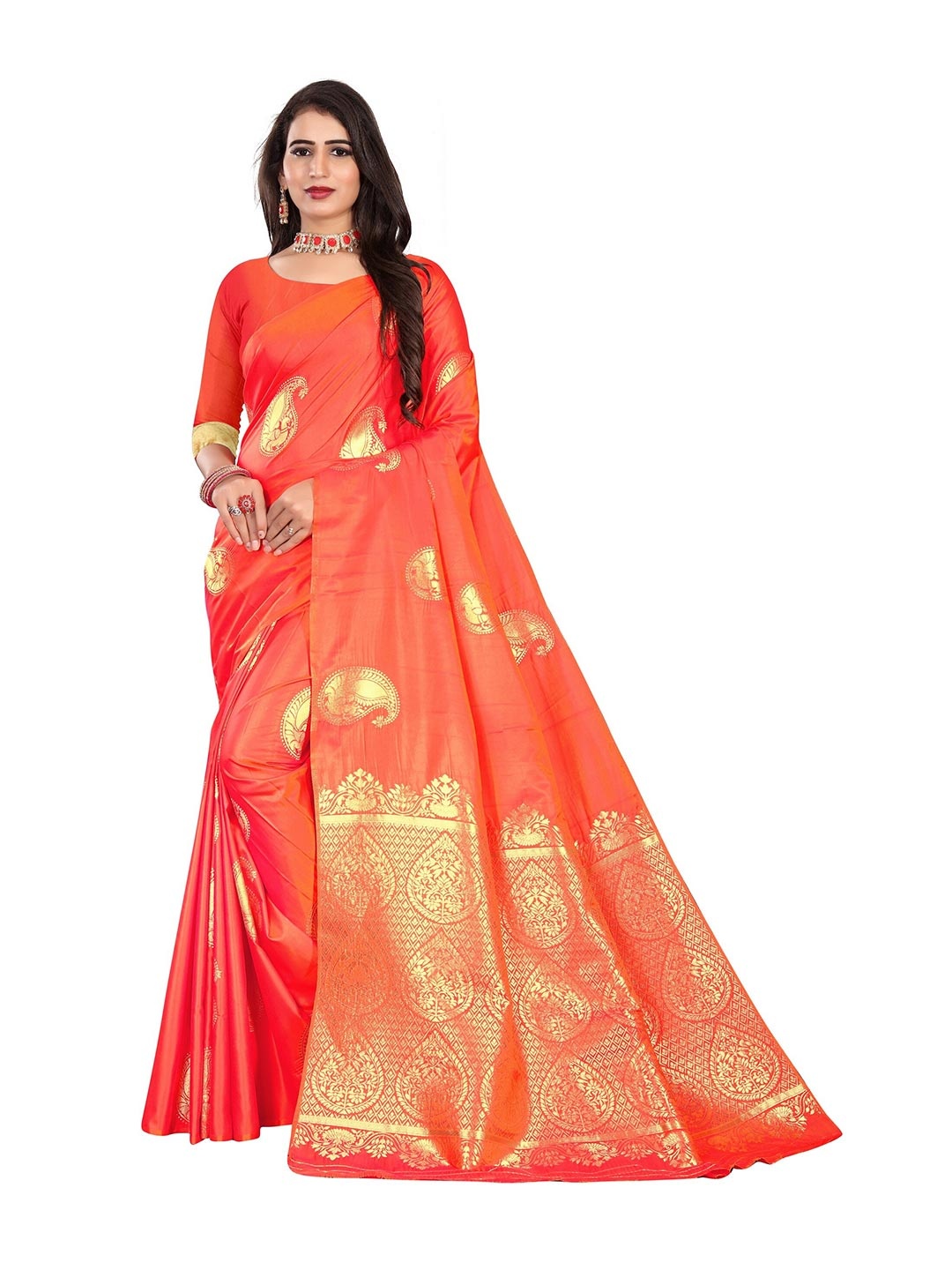 

Rivana Orange & Gold-Toned Paisley Zari Pure Silk Banarasi Saree
