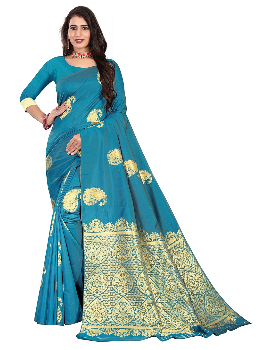 

Rivana Teal & Gold-Toned Paisley Zari Pure Silk Banarasi Saree