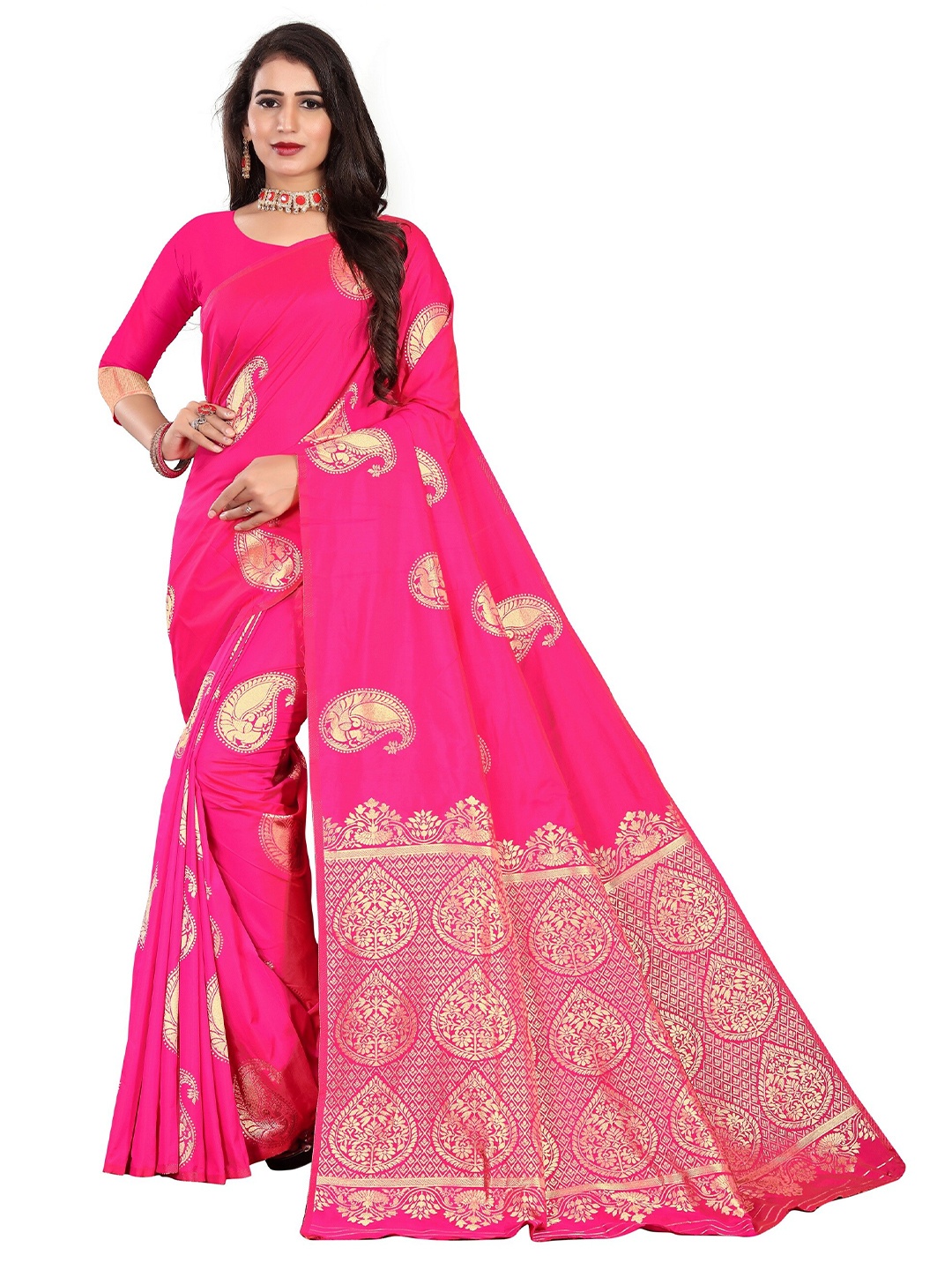 

Rivana Pink & Gold-Toned Paisley Zari Pure Silk Banarasi Saree