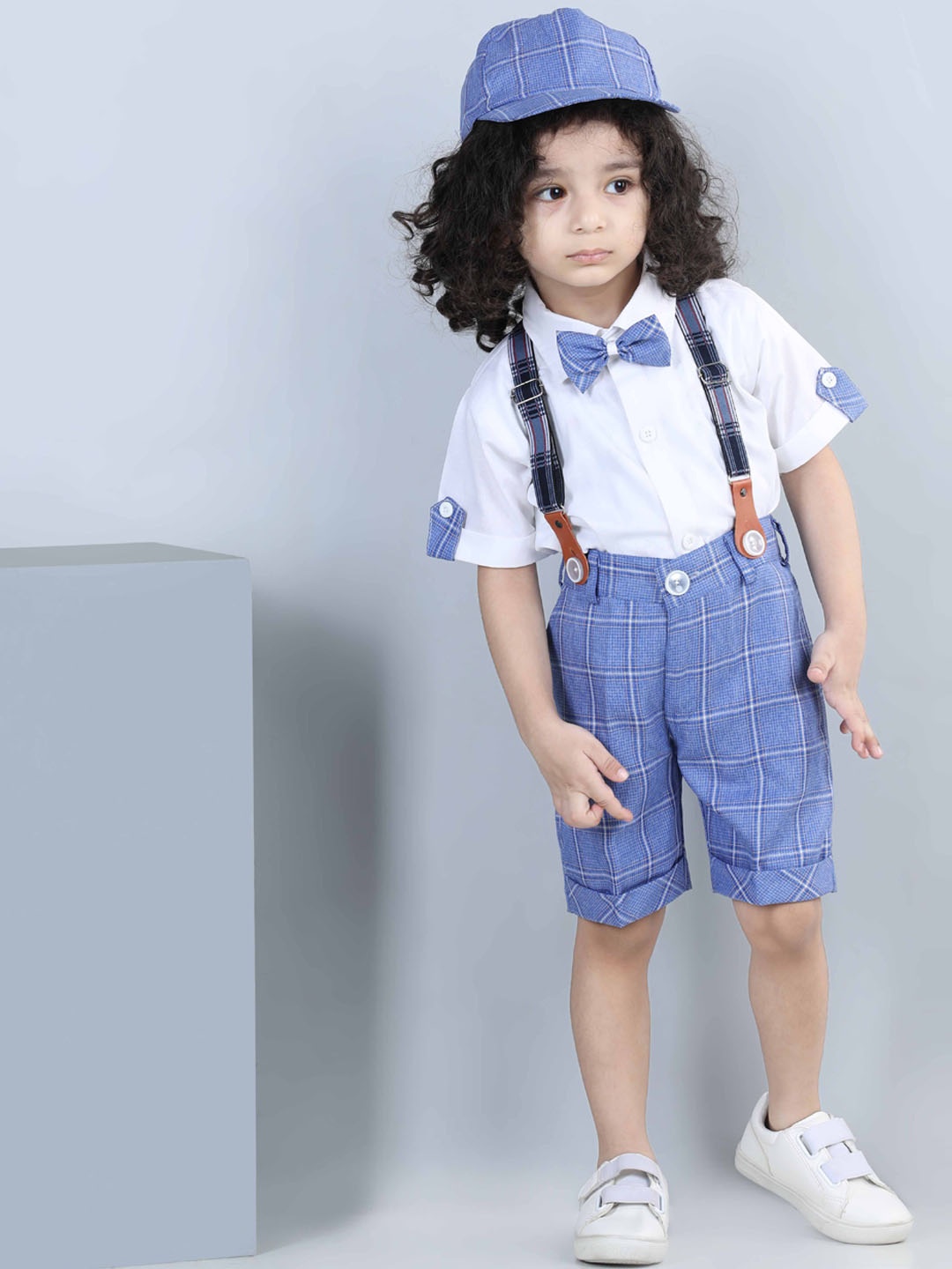 

Aj DEZInES Boys Checked Shirt with Shorts Cap & Suspenders Clothing Set, Blue