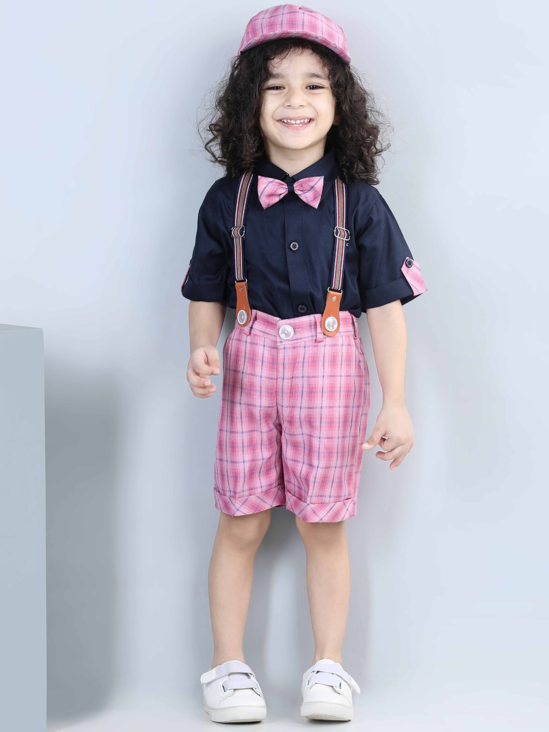 

Aj DEZInES Boys Printed Cotton Shirt Bow Shorts With Cap Suspenders Clothing Set, Pink