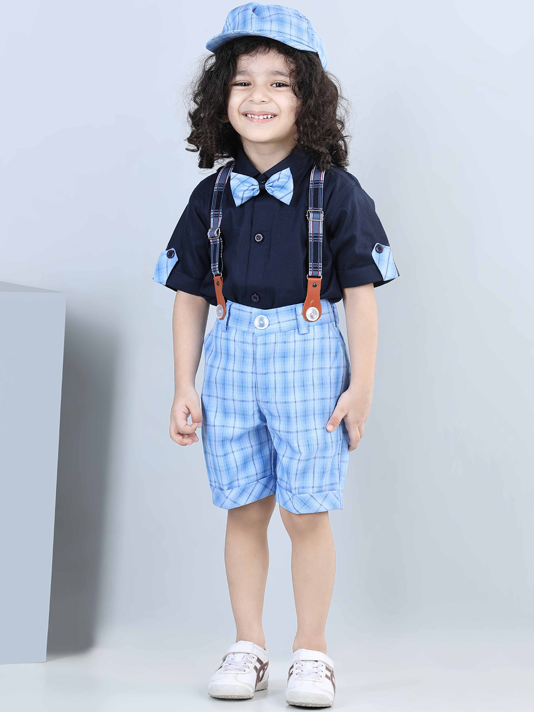 

Aj DEZInES Boys Printed Cotton Shirt Bow Shorts With Cap Suspenders Clothing Set, Blue