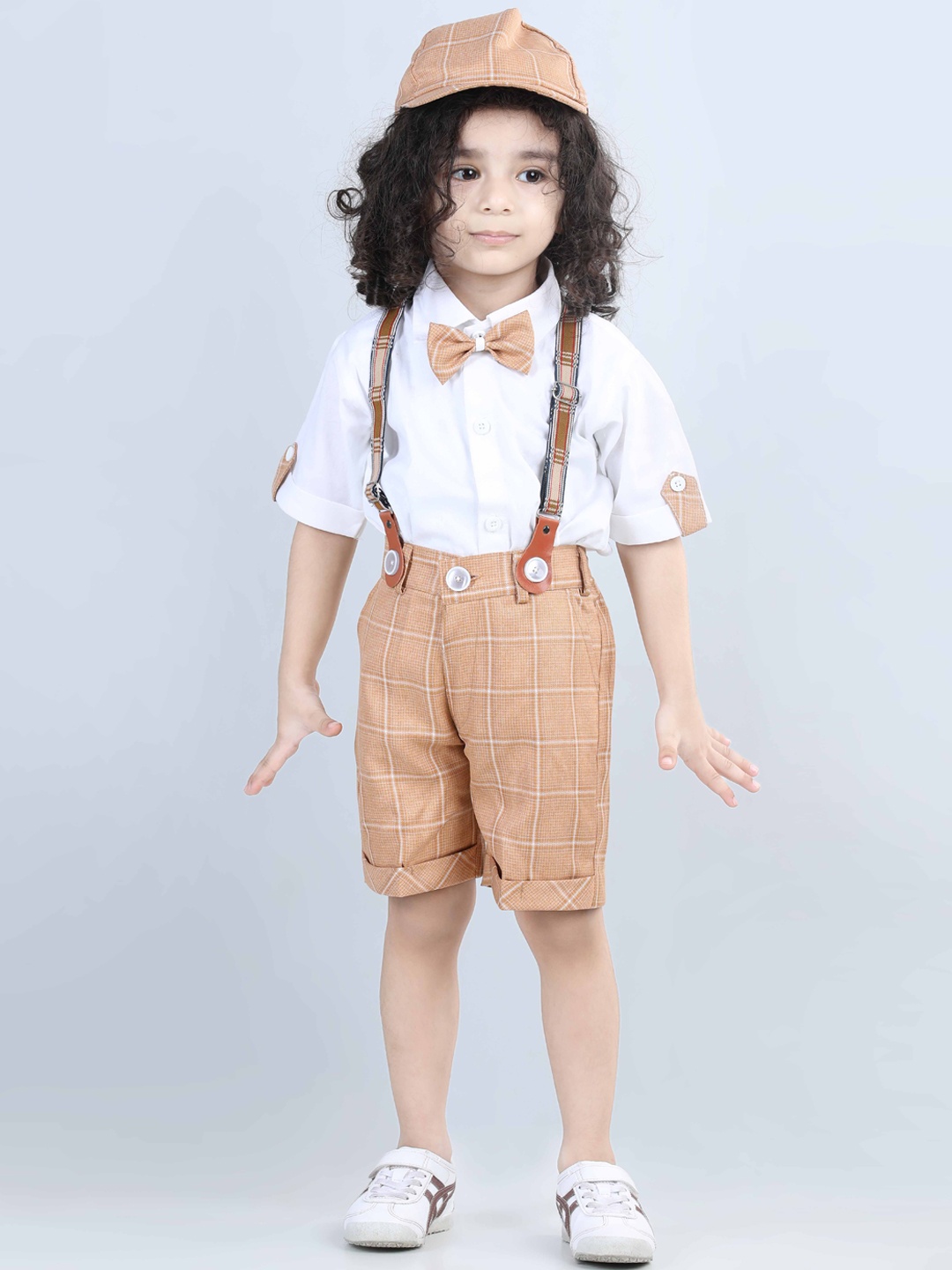 

Aj DEZInES Boys Printed Cotton Shirt Bow Shorts With Cap Suspenders Clothing Set, White