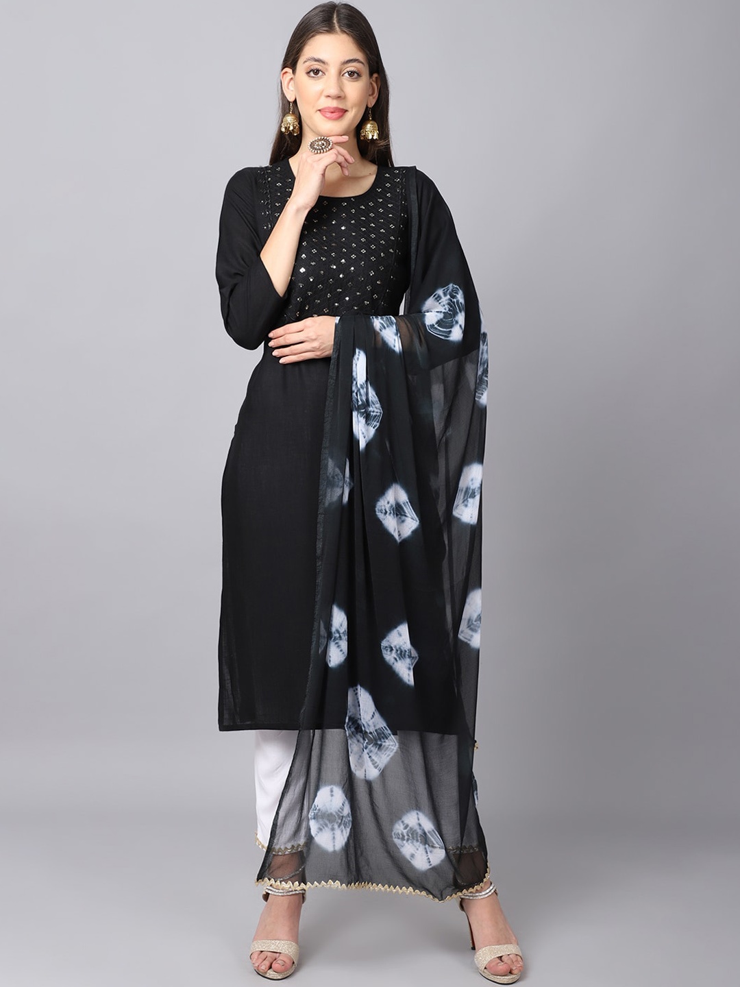 

ANAISA Women Black Ethnic Motifs Embroidered Sequinned Kurta with Trousers & With Dupatta