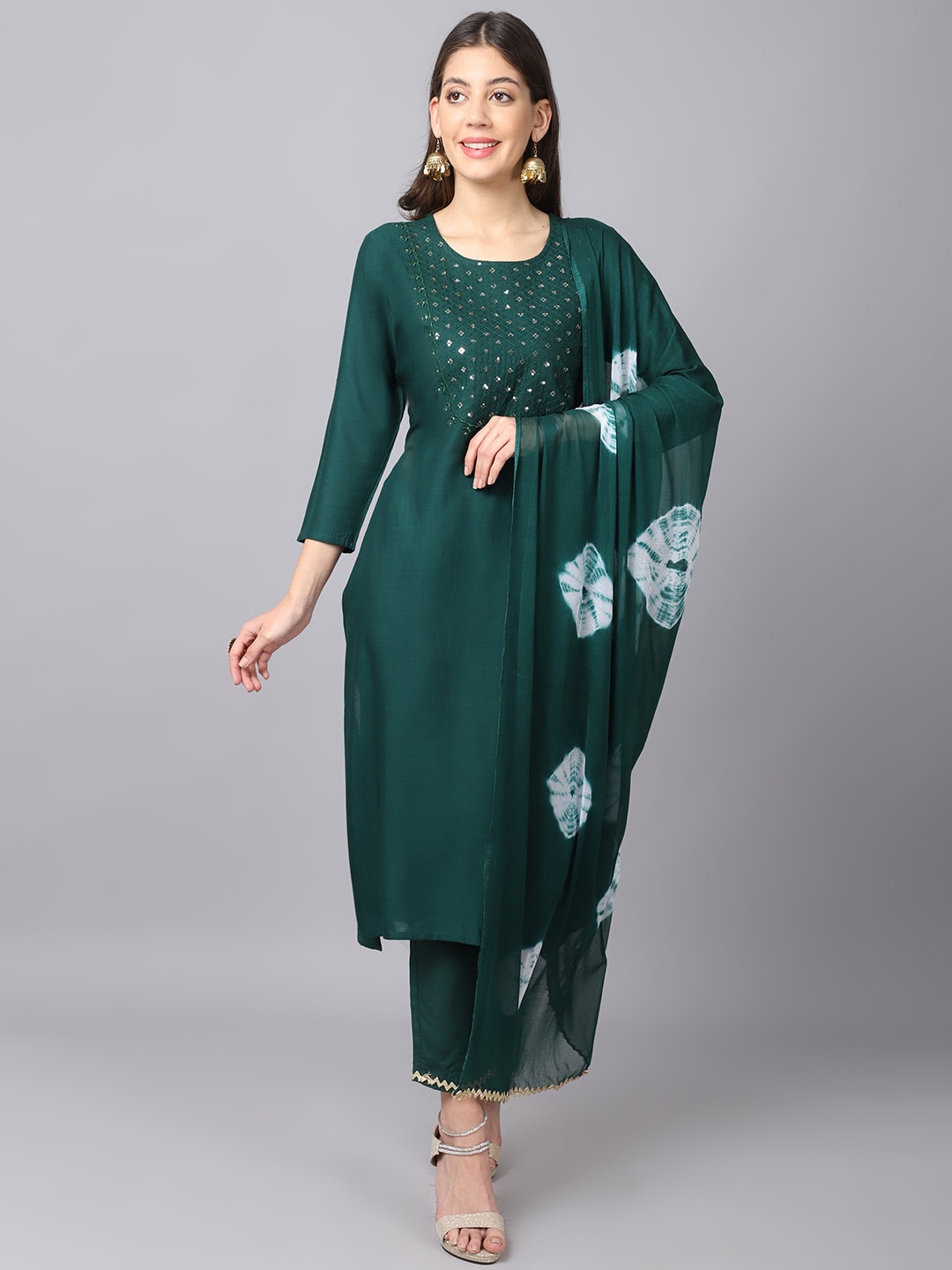 

ANAISA Women Green Yoke Design Sequinned Kurta with Trousers & With Dupatta