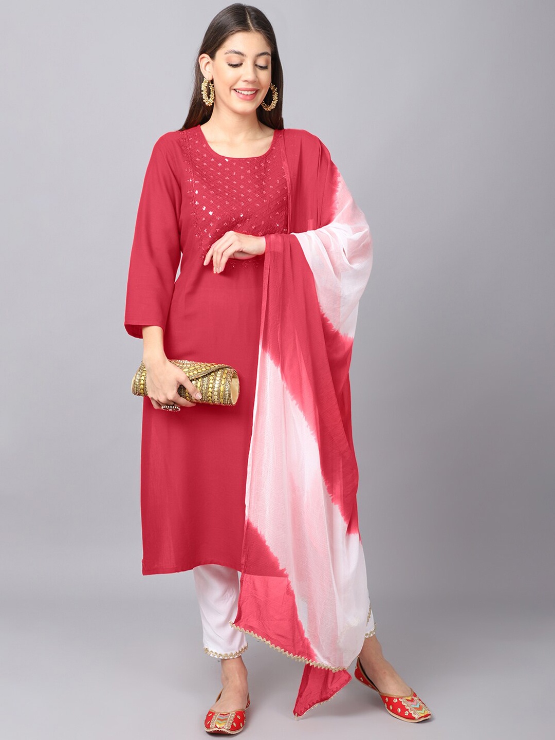 

ANAISA Women Red Floral Yoke Design Sequined Kurta with Trouser & Tie & Dye Dupatta
