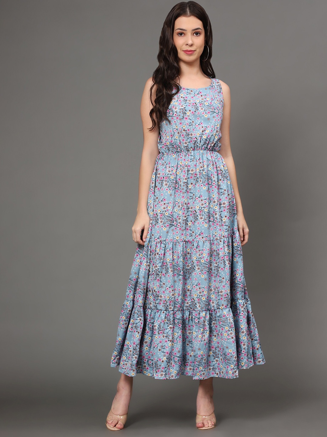 

VAANI CREATION Floral Printed Sleeveless Tiered Maxi Dress, Blue