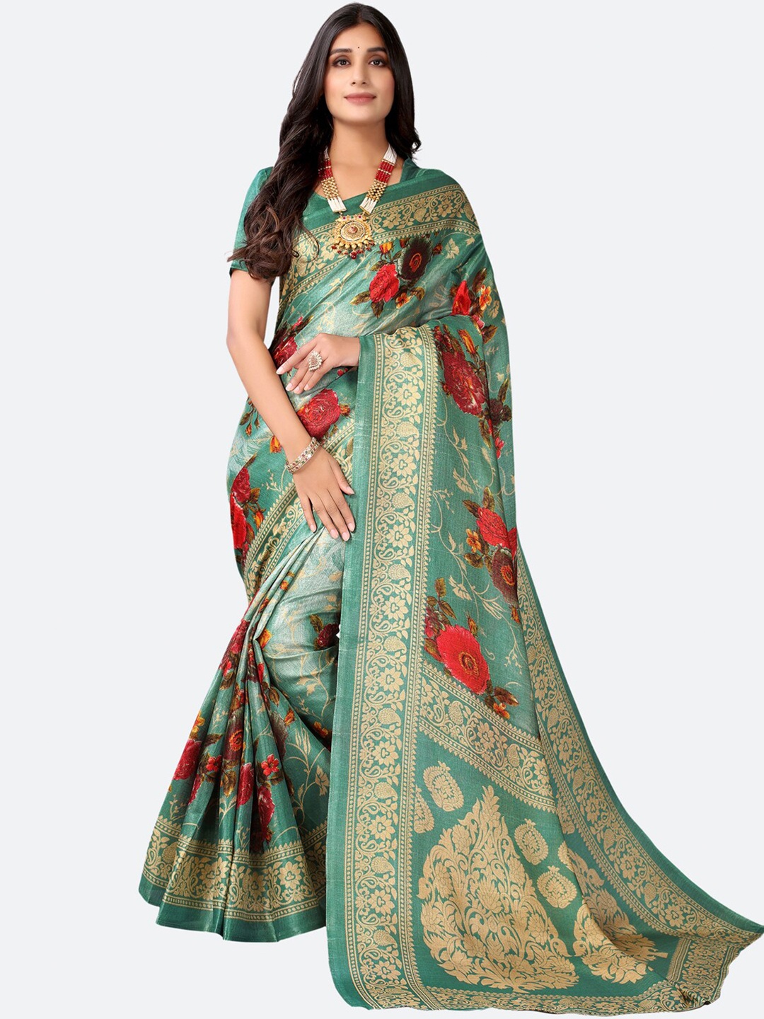 

KALINI Green & Red Floral Silk Cotton Saree