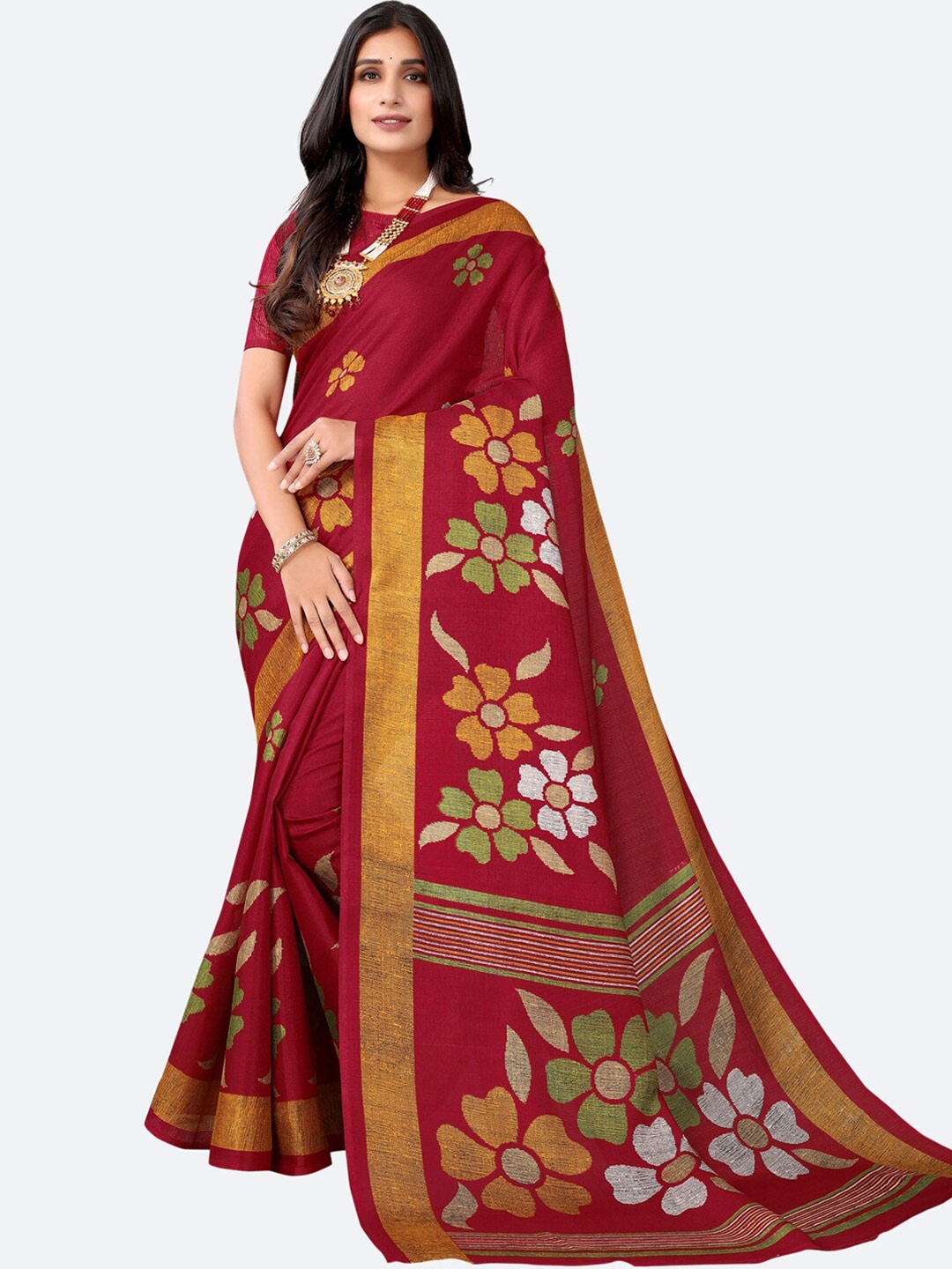 

KALINI Red & Gold-Toned Floral Zari Silk Cotton Saree