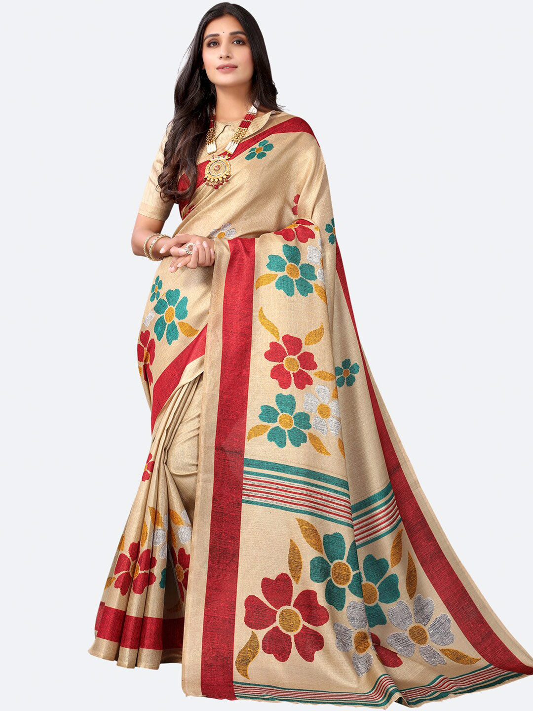 

KALINI Beige & Red Floral Silk Cotton Saree