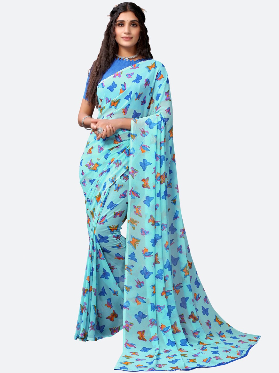 

KALINI Women Blue Butterfly Printed Poly Georgette Saree