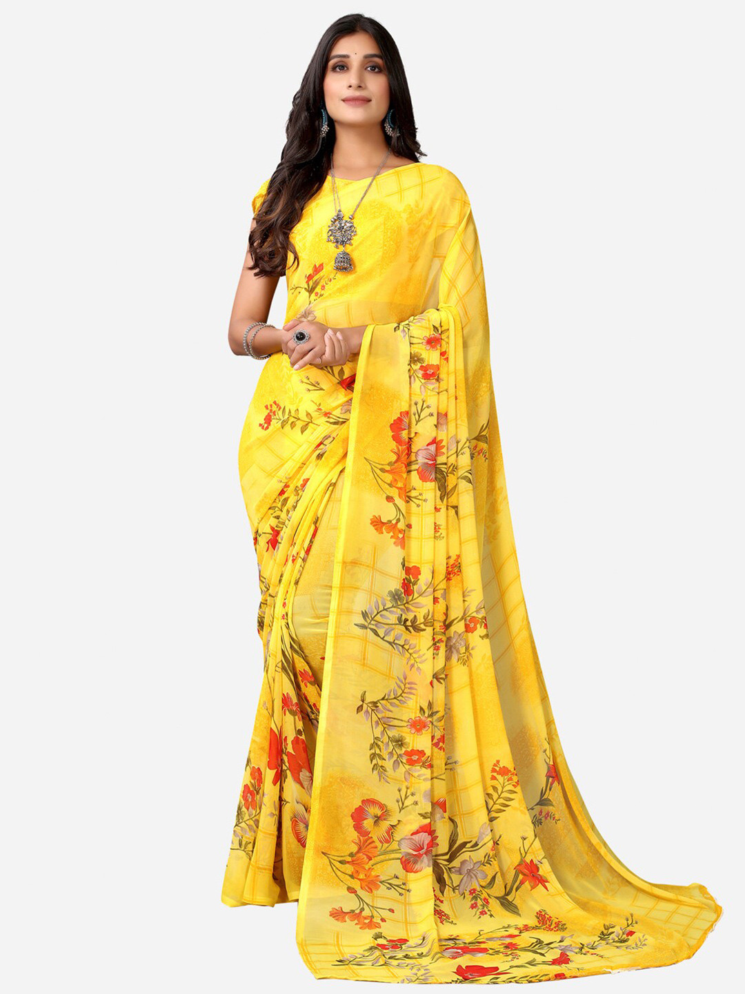 

KALINI Yellow & Red Floral Printed Poly Georgette Saree