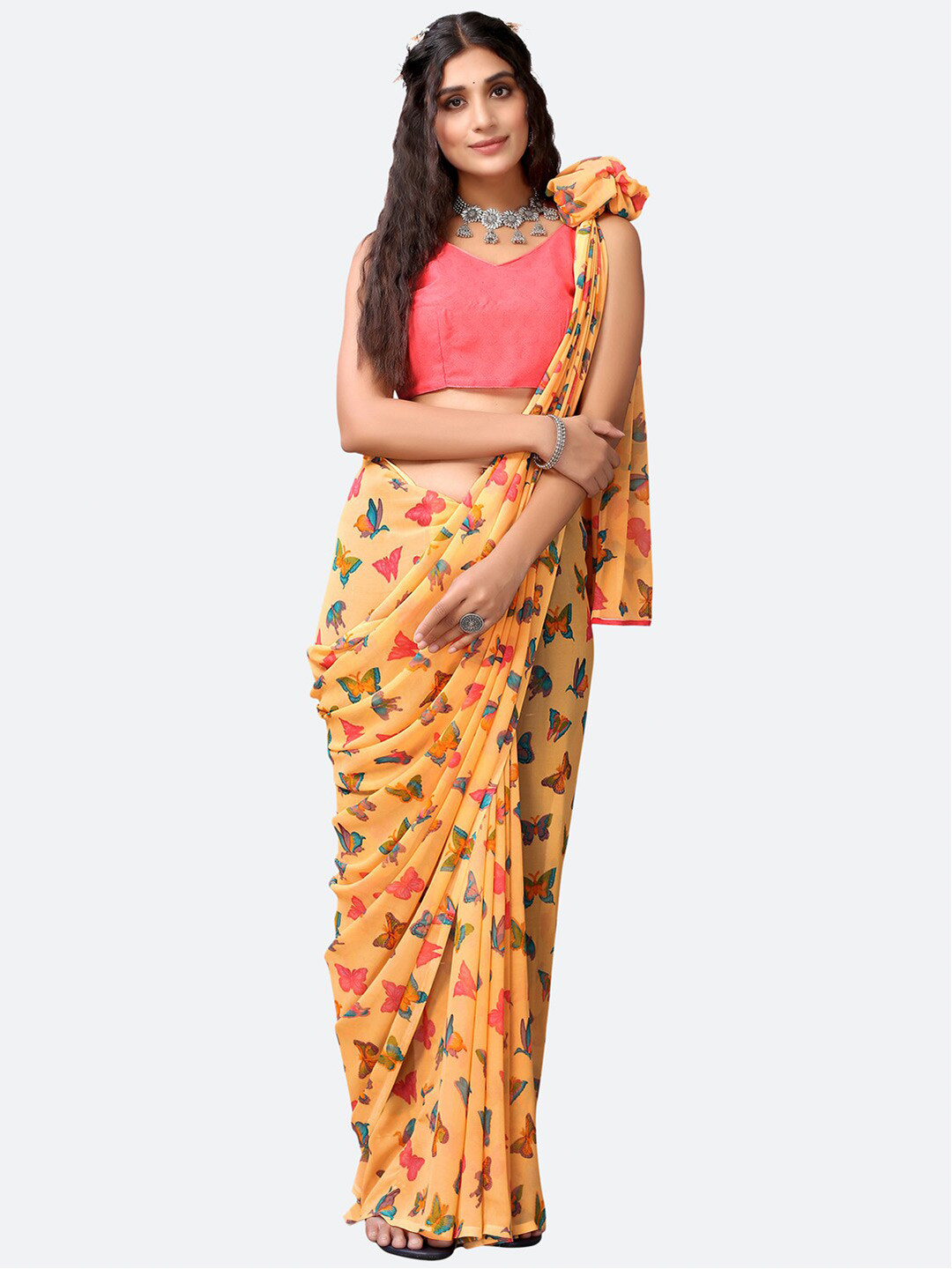 

KALINI Women Orange & Pink Poly Georgette Butterfly Printed Saree