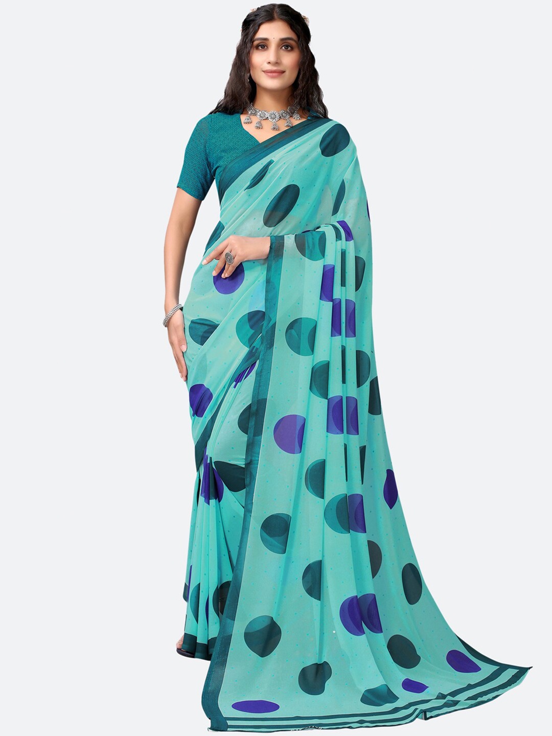 

KALINI Women Turquoise Blue Polka Printed Saree