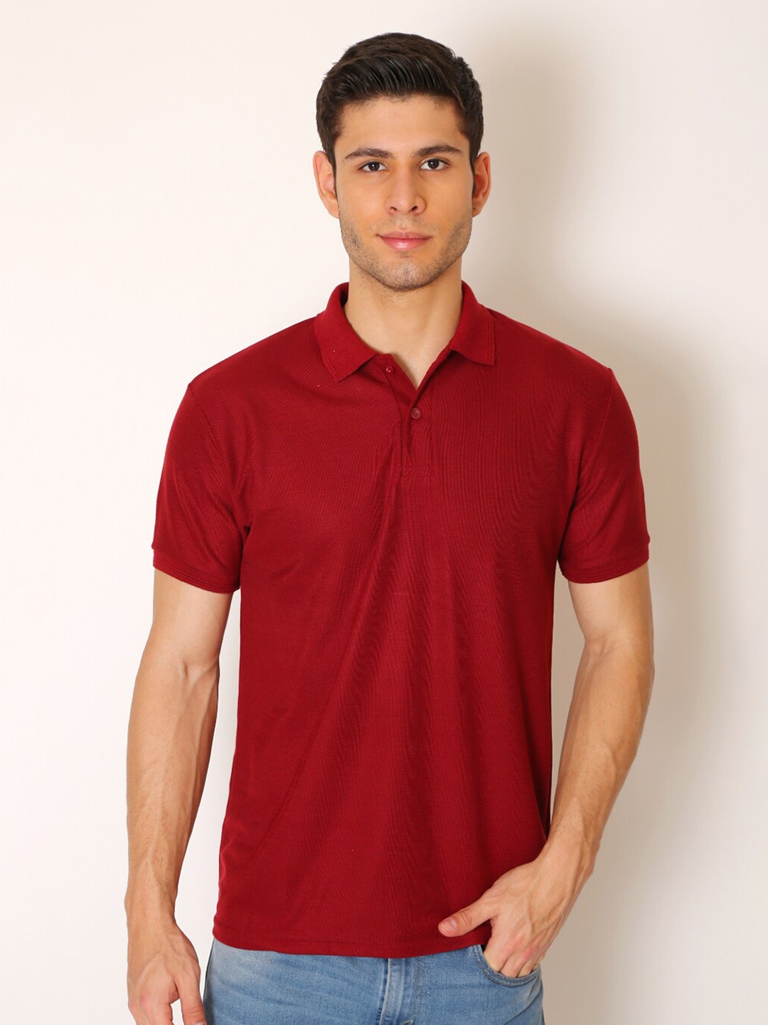 

JMP Men Maroon Polo Collar Raw Edge Slim Fit T-shirt